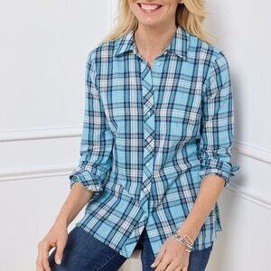 NWOT Talbots Petite Blue Lightweight Button Front Shirt - Festive Party Plaid